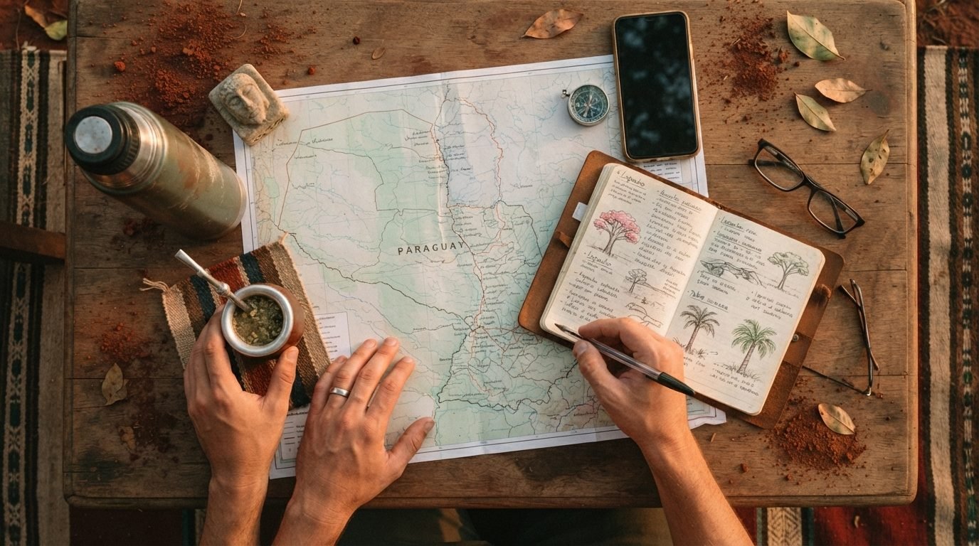 Un escritorio visto desde arriba con un mapa de Paraguay, cuaderno, café y teléfono, listo para planificar un viaje.