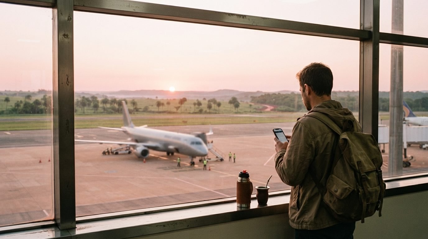 Un viajero espera junto a una ventana del aeropuerto al amanecer, con un avión visible en la pista.