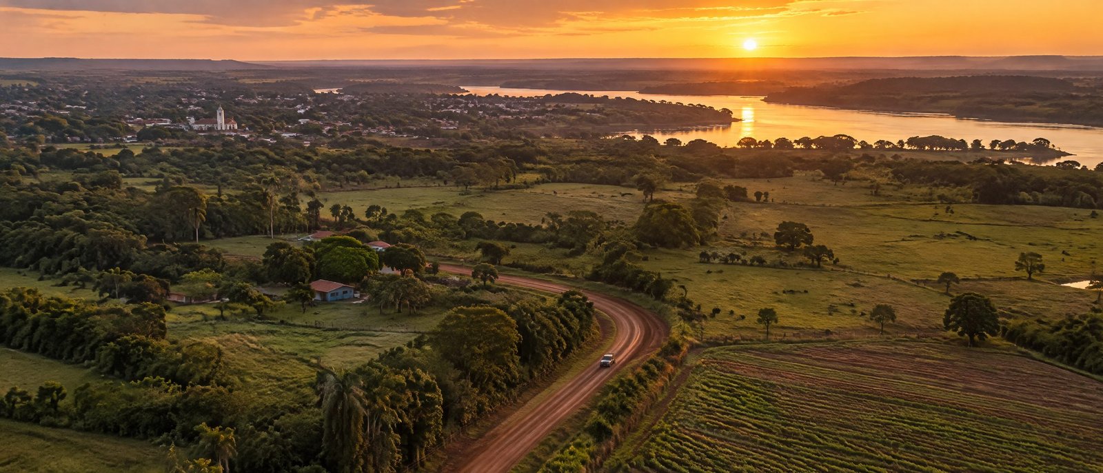 Vista aérea al atardecer de un camino de tierra roja entre campos verdes, un pueblo con iglesia y un río que refleja el sol en Paraguay.