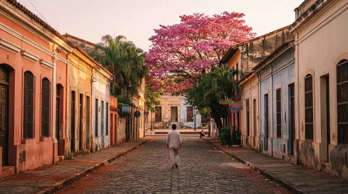 Una calle empedrada del centro histórico de Asunción con fachadas coloniales y lapachos en flor.