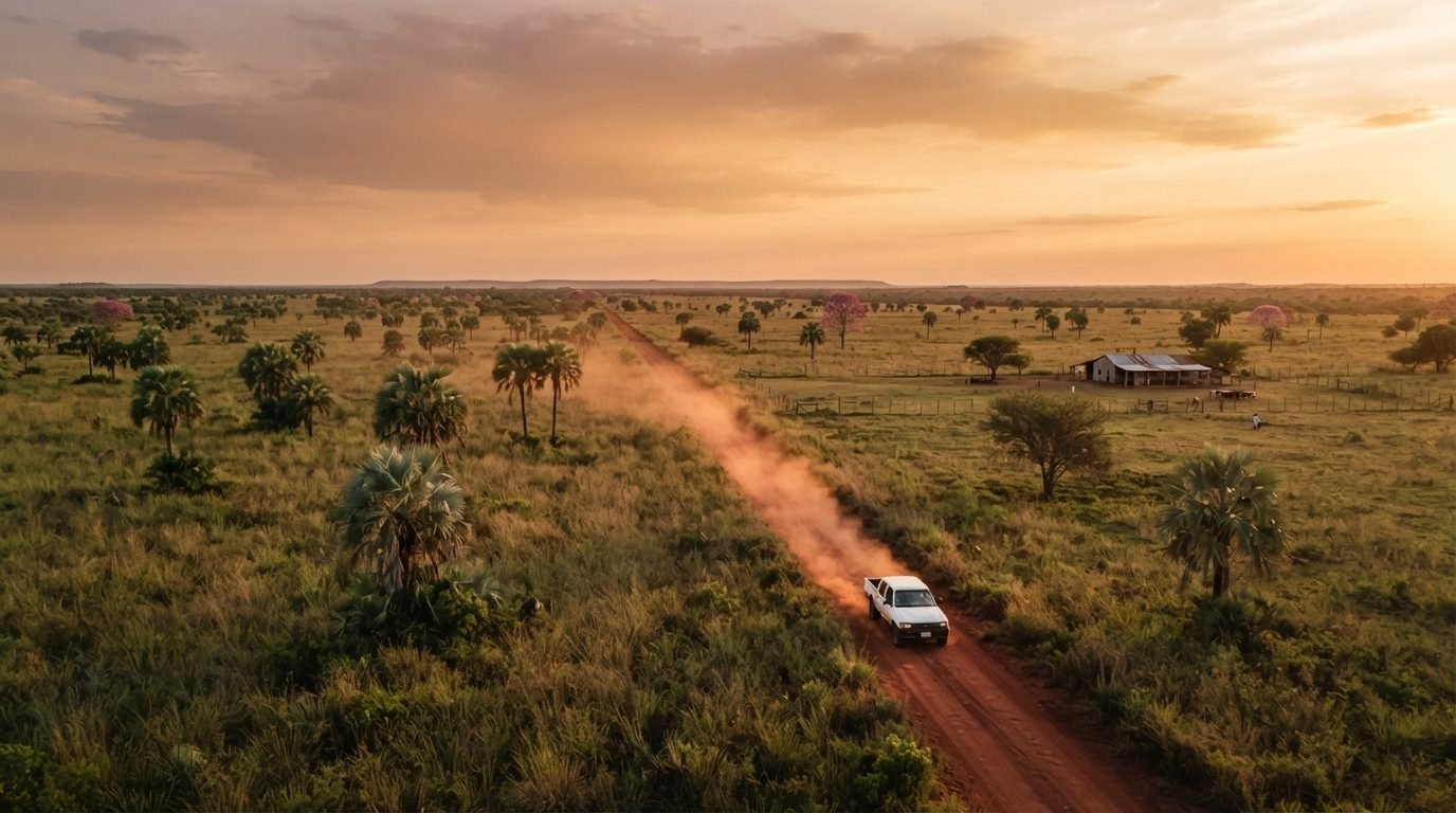 La sabana de palmeras del Chaco paraguayo se extiende bajo un cielo ámbar al atardecer, con un camino de tierra cruzando el paisaje.