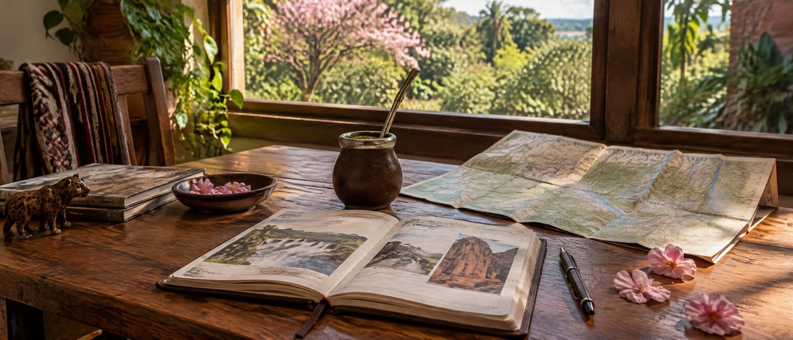 Un diario de viaje abierto, un mapa plegado y una guampa de tereré sobre una mesa de madera junto a una ventana con vista a un lapacho florecido.