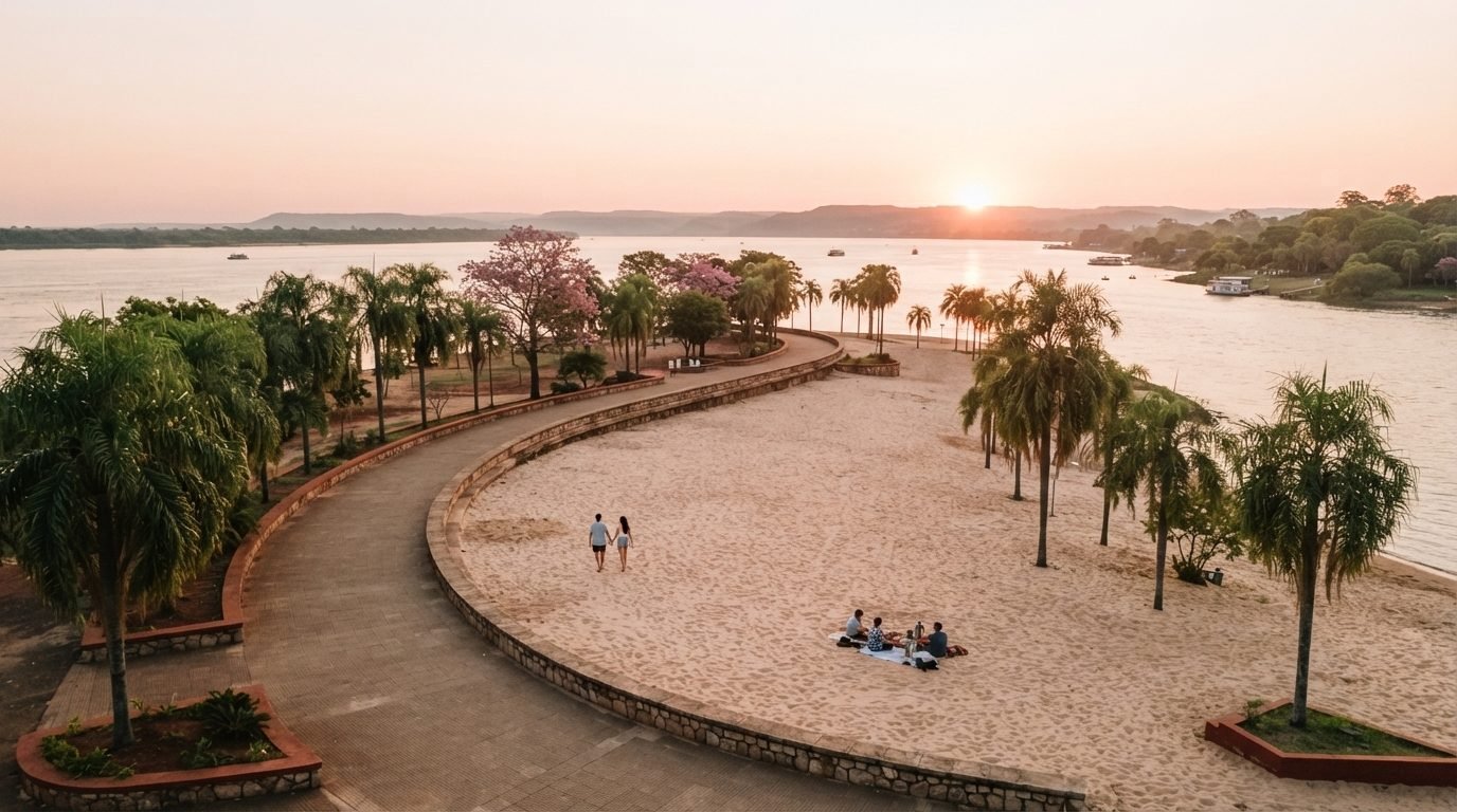 La Playa San José de Encarnación muestra su arena suave junto a la costanera y las palmeras bajo el sol del verano.