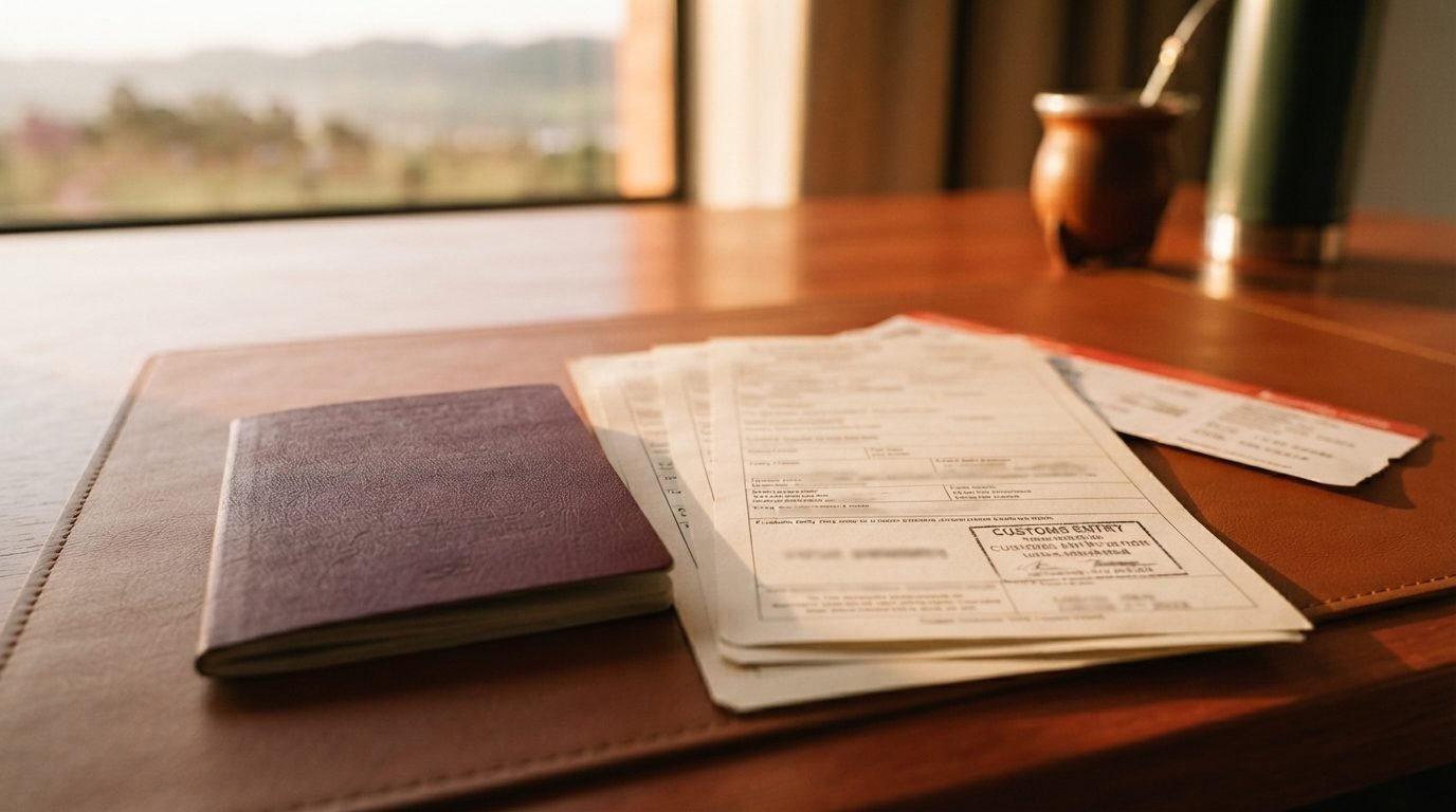 Un pasaporte junto a formularios impresos y un pasaje de embarque sobre un escritorio ordenado con luz suave de ventana.