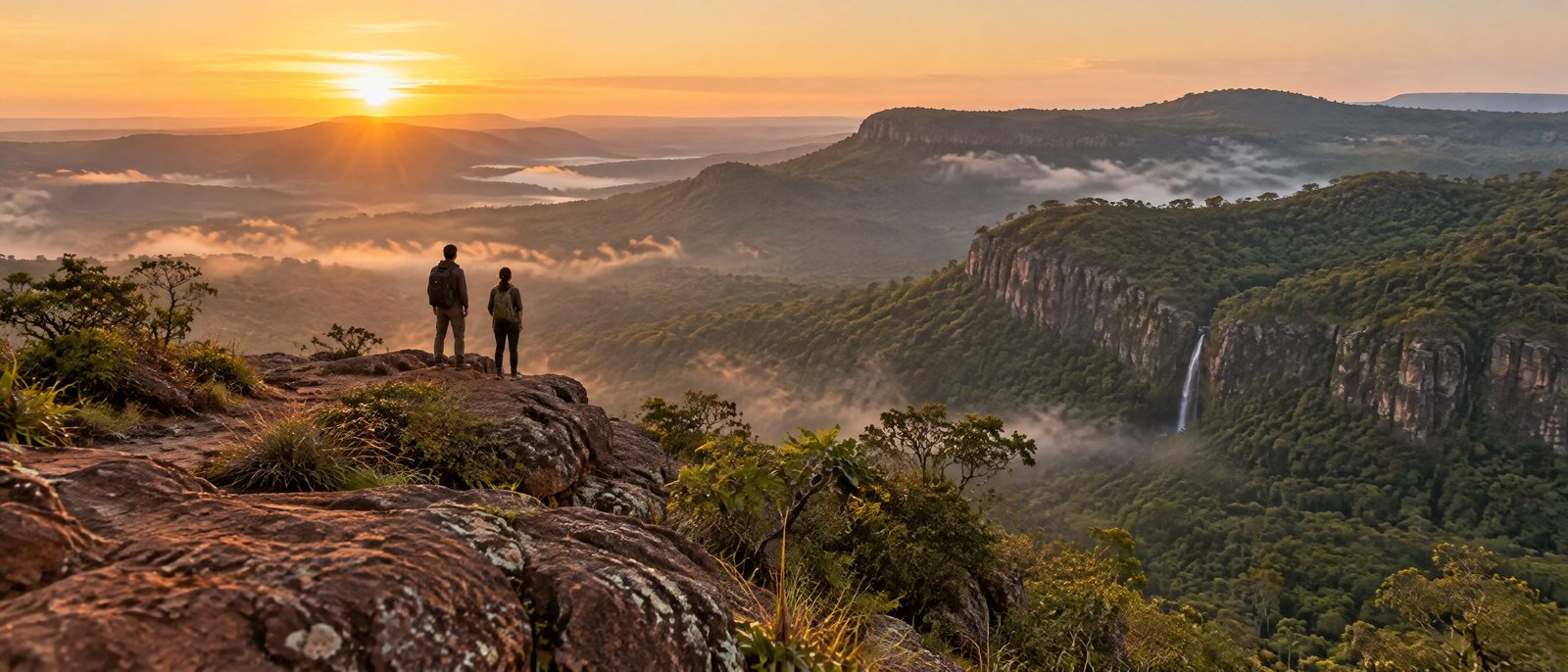 Dos senderistas de espaldas en un mirador rocoso del Ybytyruzú al amanecer, con niebla en los valles y una cascada a lo lejos.