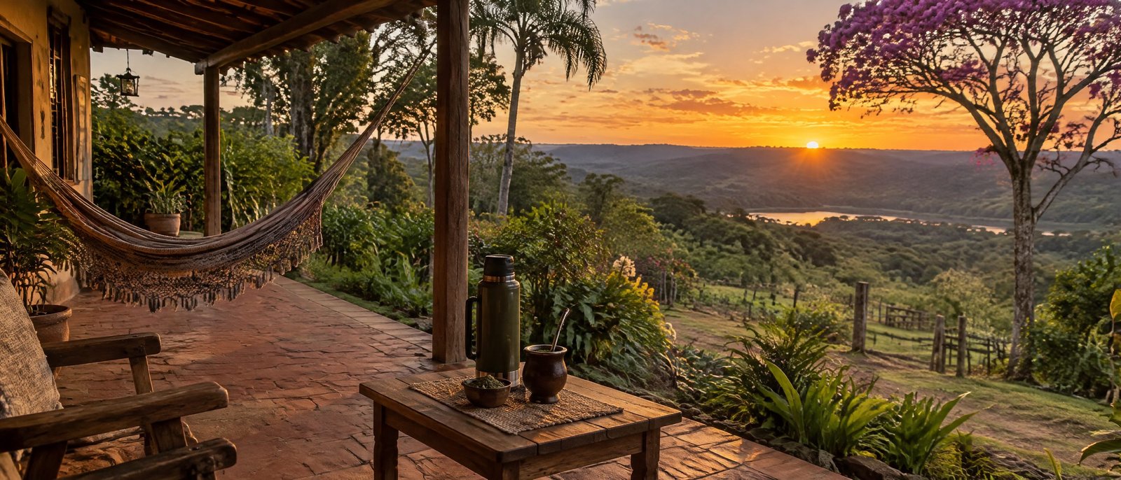 La galería de una posada rural con una hamaca y un tereré sobre una mesa, frente a colinas verdes y un atardecer anaranjado.