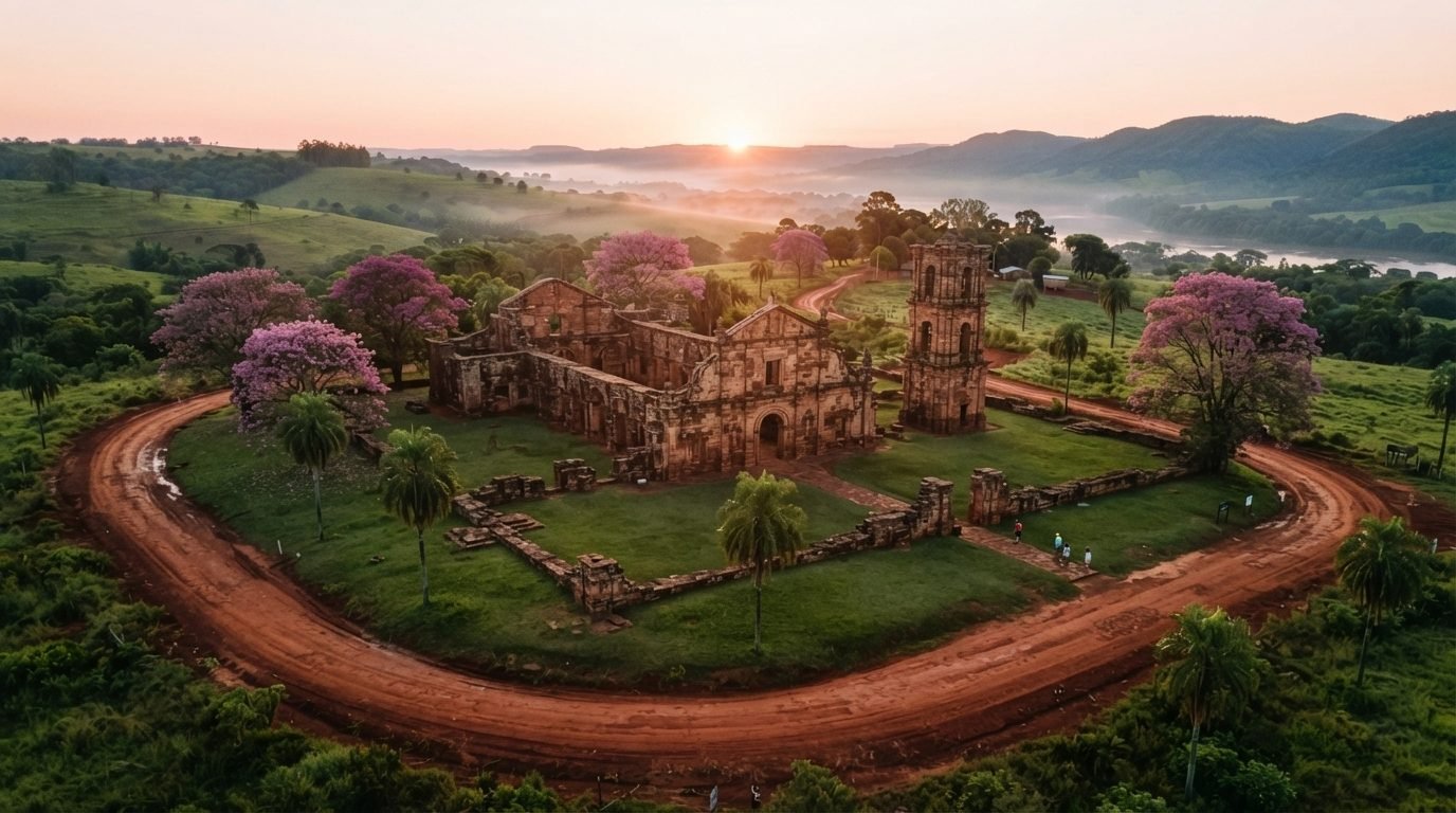 Los arcos de piedra de las ruinas jesuíticas de la Santísima Trinidad del Paraná se iluminan con la luz dorada del atardecer.