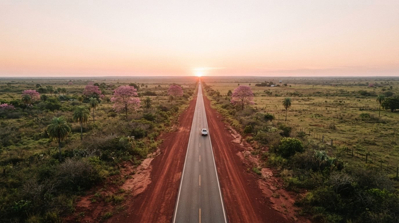 La Ruta Transchaco se extiende recta hacia el horizonte cerca de Filadelfia, bajo un cielo inmenso.