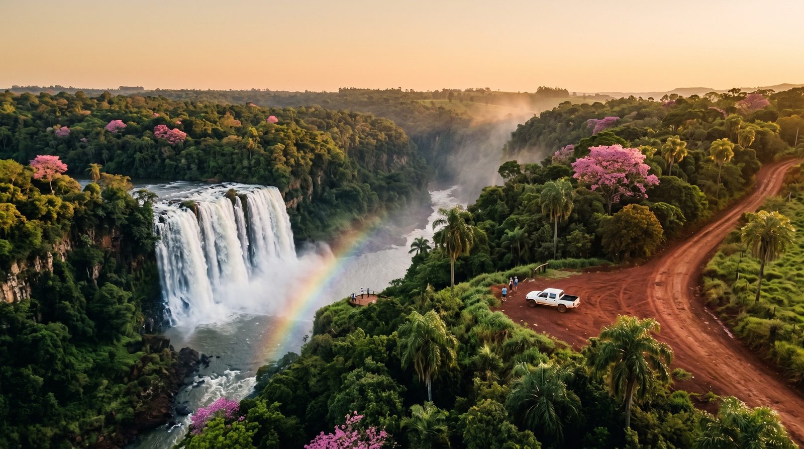 La cascada de los Saltos del Monday cae en un amplio velo de agua blanca hacia un cañón selvático cerca de Ciudad del Este.