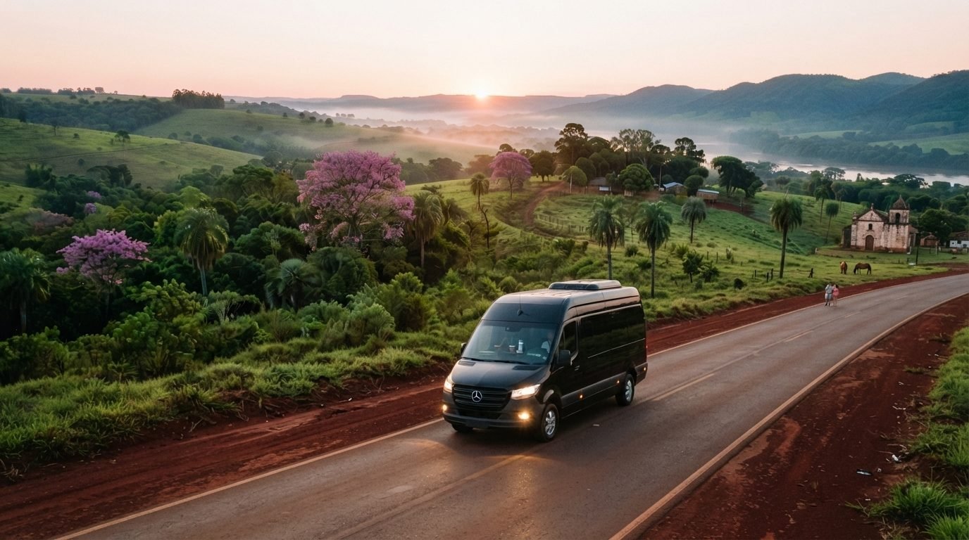 Una van de pasajeros negra y prolija avanza por una carretera tranquila al amanecer, con las luces encendidas.